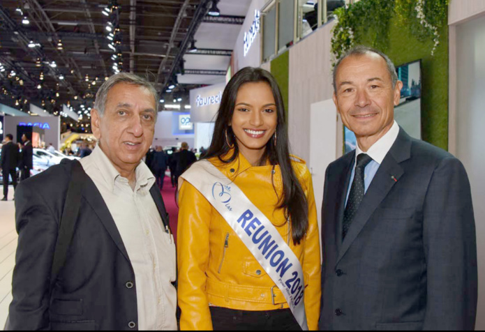 Aziz Patel, délégué Miss France, Morgane Soucramanien, Miss Réunion 2018, et Jean-Claude Girot, commissaire général du Mondial de l'Auto de Paris Aziz Patel, délégué Miss France, Morgane Soucramanien, Miss Réunion 2018, et Jean-Claude Girot, commissaire général du Mondial de l'Auto de Paris