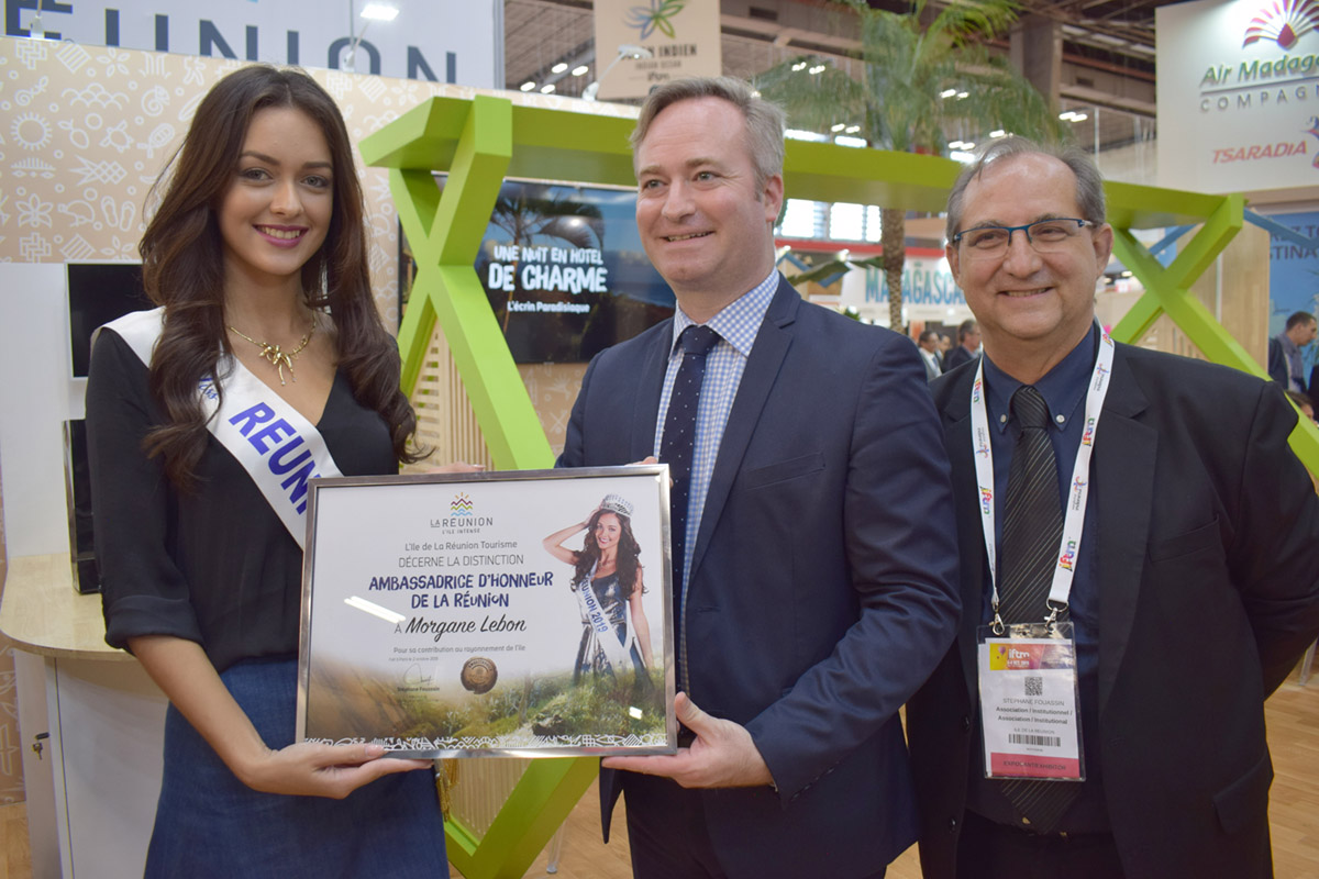 Morgane Lebon, Miss Réunion 2019, Jean-Baptiste Lemoyne, Secrétaire d'Etat au Tourisme, et Stéphane Fouassin, président de l'IRT